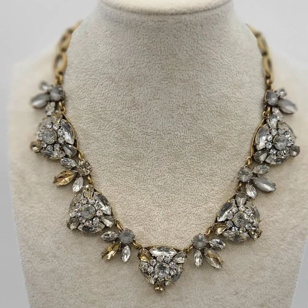 J Crew Vintage Gray Clear Crystal Statement Necklace